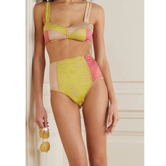 OSEREE BLOSSOM COLORED HIGH WAISTED SATIN JACQUARD BIKINI BOTTOMS - Picture 1 of 9